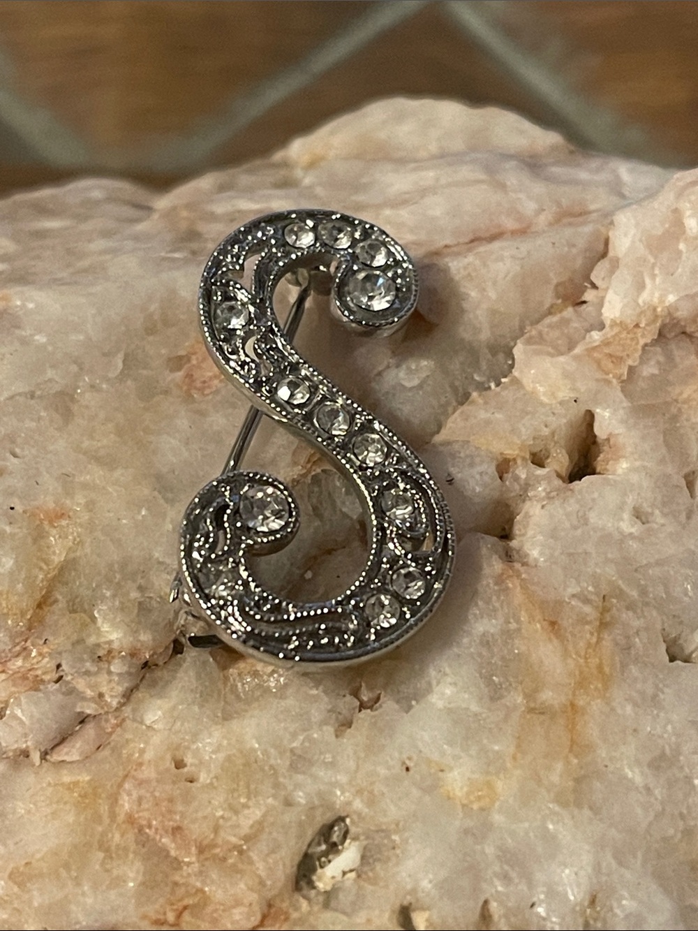 Monet Silver-Tone 'S' Brooch with Clear Crystals